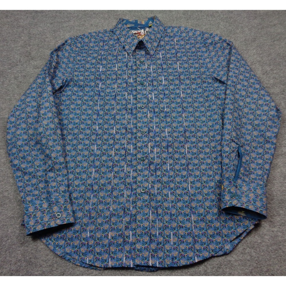 Robert Graham Shirt Mens L Blue Stonecreek Colorful Flip Cuff Fleur‎ De Lis